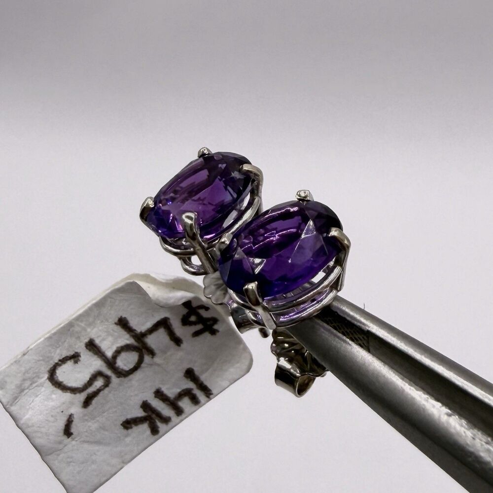 14K White Gold Amethyst Stud Earrings 8x6mm Deep Purple Vintage